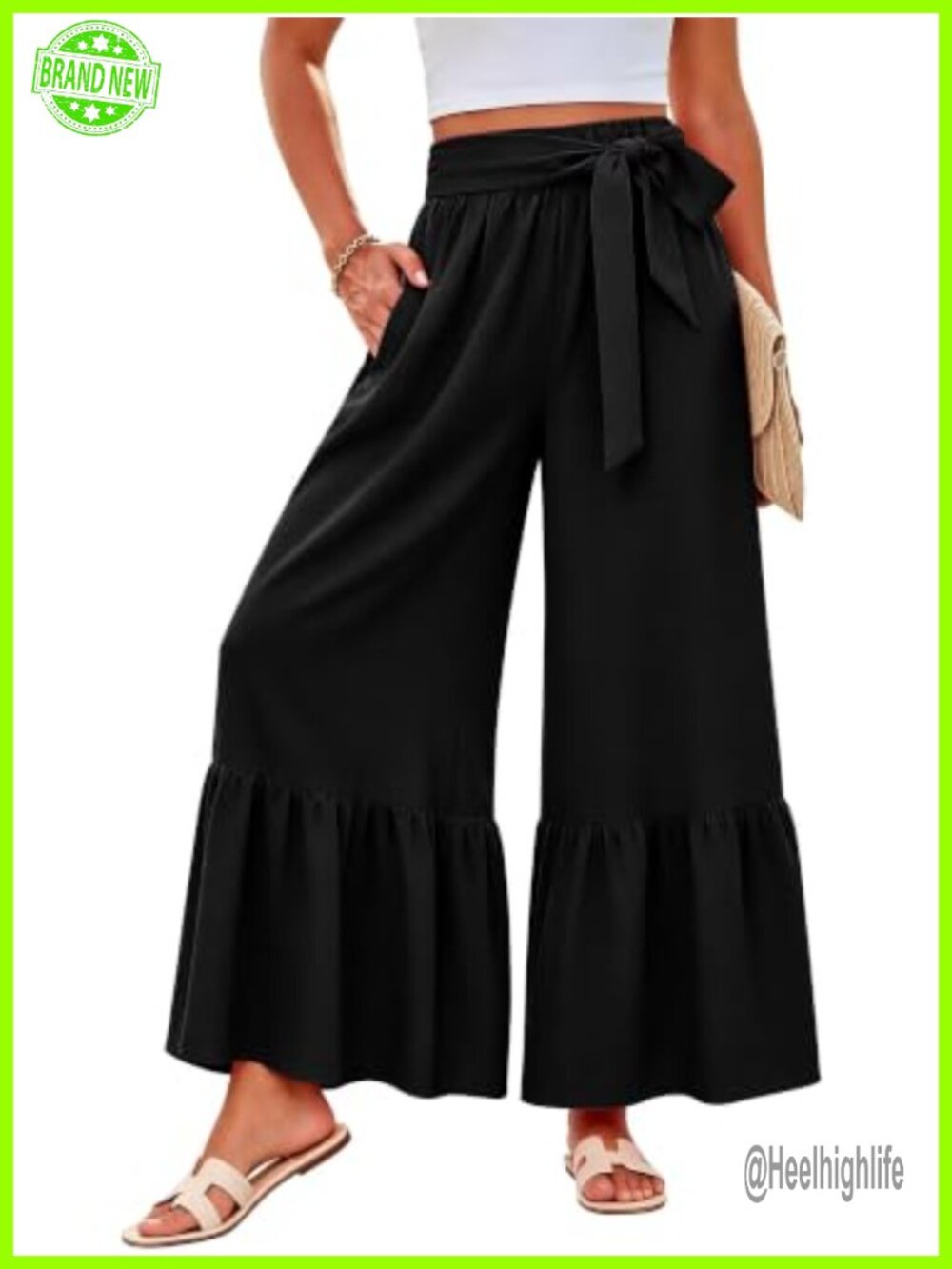 KISSMODA Women's Wide Leg Palazzo Pants Ruffle Hem Flowy Beach Trousers with